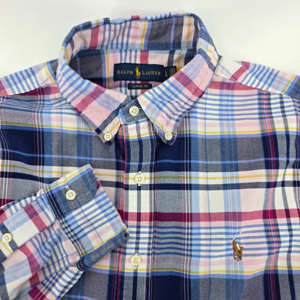 Ralph Lauren Plaid Shirt Mens LRGE Classic Heritage Cotton Button Down Blue Pink